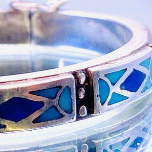 Vintage Lapis Turquoise Inlay on Hinged Sterling Silver Bracelet
